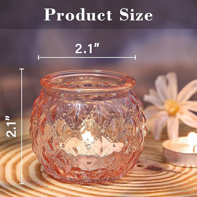 DARJEN Pink Votive Candle Holders Set of 24- Round Glass Candle Holders Bulk for Flameless LED Tea Waxes, Romantic Candle Holder for Wedding & Home Table Decor, Various Parties