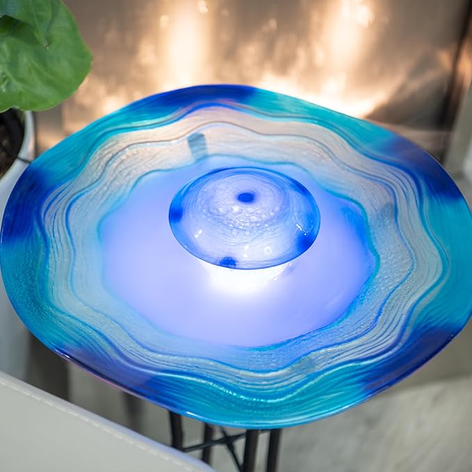XBrand 27" LED Mist Indoor Floor Fountain, Freestanding Water Feature with Inline Control, Aromatherapy, Glass & Metal, Blue