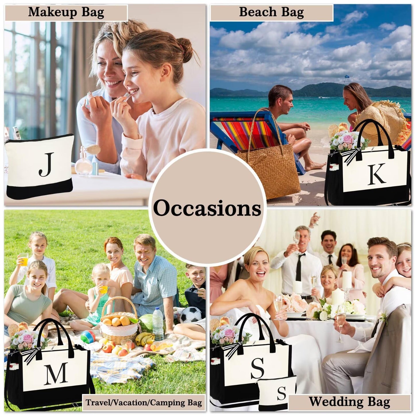 YOOLIFE Gifts for Women - Initial L Canvas Tote Bag & Makeup Bag, Birthday Gifts for Women Her Wife Mom Friend Teacher