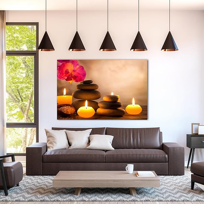 Zen Wall Art Decor, Modern Bathroom Zen Decor Wall Art, Zen Relaxing Canvas Wall Art for Spa Room Decor, Black Pebble and Lighted Candles Zen Art Prints for Office & Spa Wall Decor 24x36 Inches