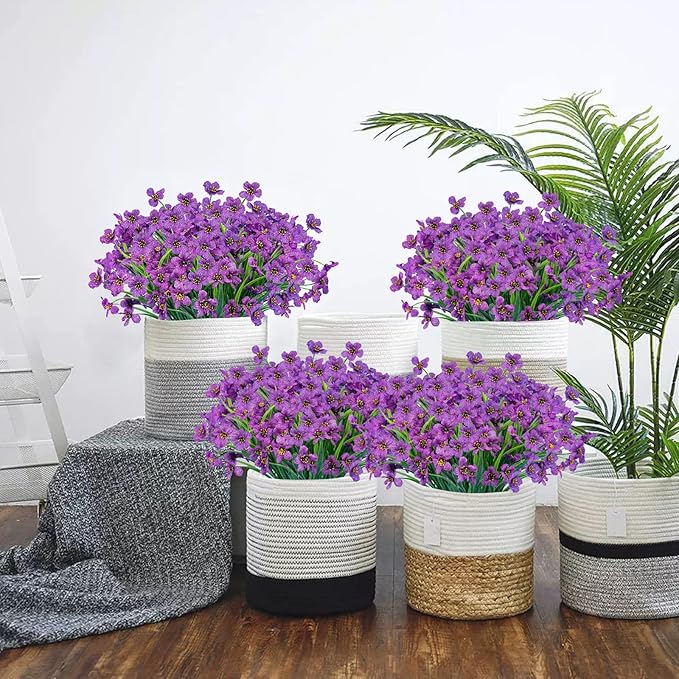 Lnoicy 24 Pcs Artificial Flowers for Outdoor,Plastic Flowers Decoration, UV Resistant Faux Flowers Shrubs, Artificial Plants for Indoor Outside Garden Home Wedding Farmhouse（Purple