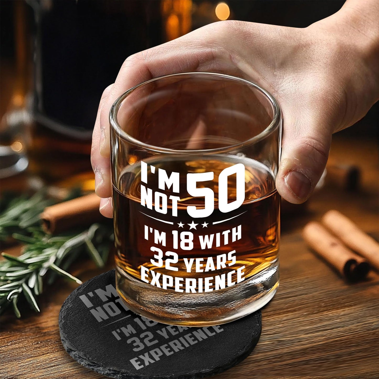 Harmora 50th Birthday Gifts for Men – Funny Whiskey Glass Set for Him Born in 1975 – 50 Year Old Gift Ideas for Dad, Husband, Friends – Wooden Box, Coaster, Cards