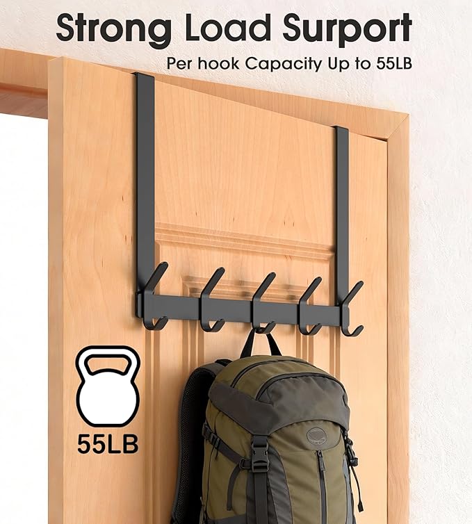 Long Over The Door Hooks Hanger with 15.75" Arms for Easier Access by Shorter, J16U, Perfectly Fits US Standard 1 3/8-inch Doors, Towel Rack Bathroom Organizer Holder, Rustproof, Black