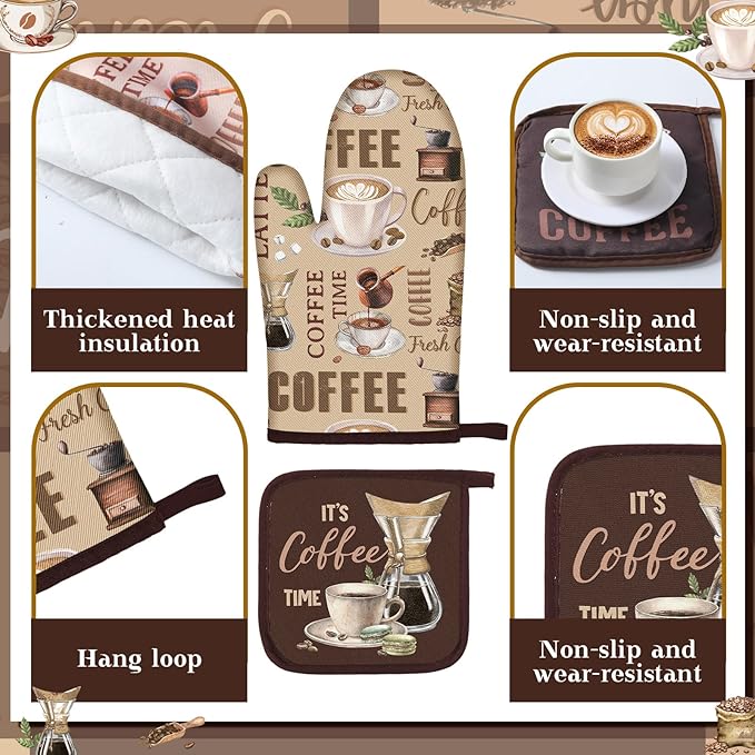 Fourluoo 16 Pcs Coffee Kitchen Decor and Accessories Set Coffee Brown Kitchen Towel and Dishcloth Non Slip Rug Mat for Floor Farmhouse Oven Mitt and Pot Holder Curtain Set for Home Decoration Gift