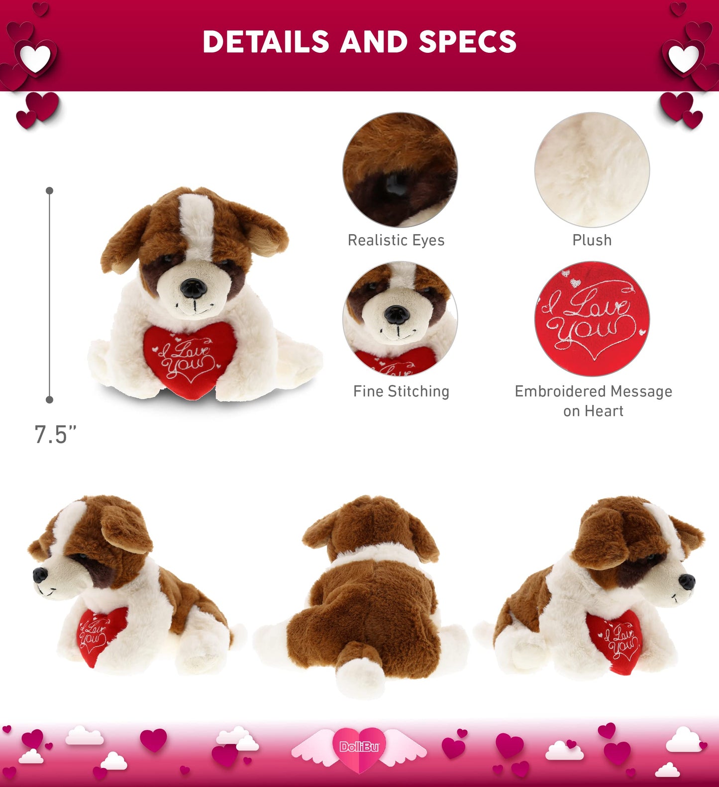 DolliBu I Love You Valentine Plush St. Bernard Dog - Cute Stuffed Animal with Red Heart and Name Personalization Gift for Valentines Day, Birthday, Anniversary, Romantic Date - 8 Inches