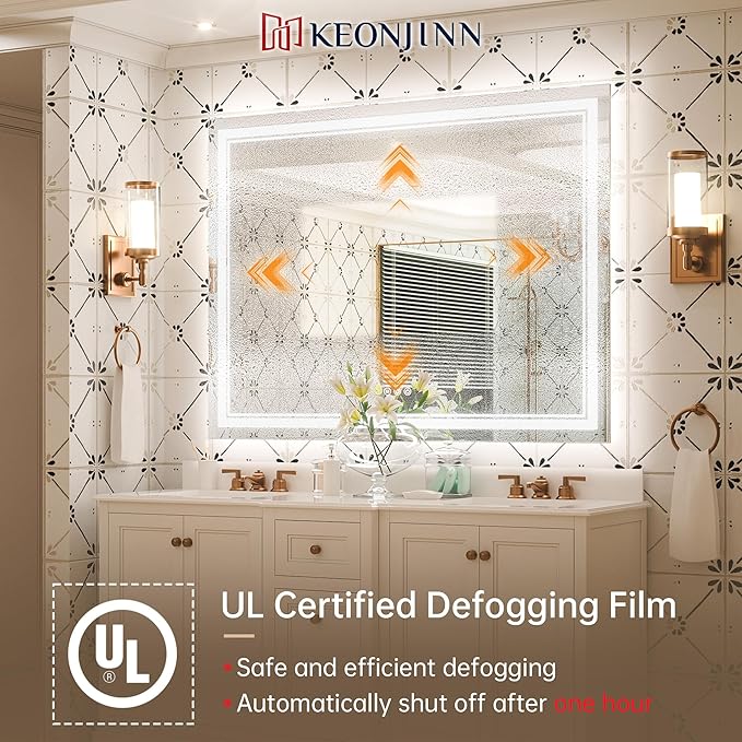 Keonjinn Bathroom Mirror with Lights 47.6" x 35.8" with Backlit and Front Light, Stepless 3 Colors Temperature Dimmable LED Bathroom Mirror, UL Listed LED Driver, Tempered Glass Lighted Vanity Mirror