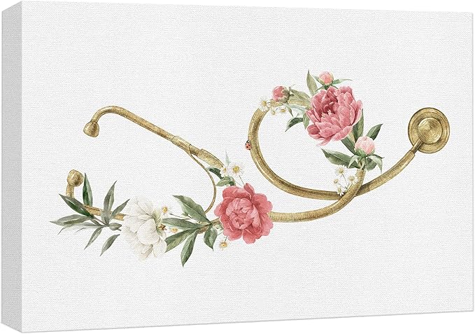 wall26 Canvas Print Wall Art Gold Doctor's Stethoscope Rose Flowers Medical & Hospital Health Illustrations Modern Art Floral Botanical Colorful Decorative for Living Room, Bedroom, Office - 16"x24"