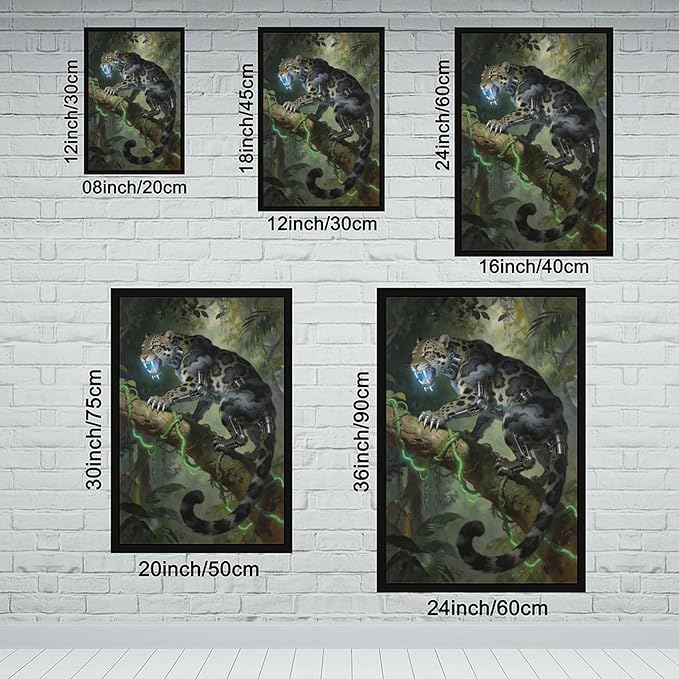 Framed Steampunk Mechanical Leopard Wall Art - Jungle Futuristic Beast Poster for Man Cave Living Room Decor 20x30in