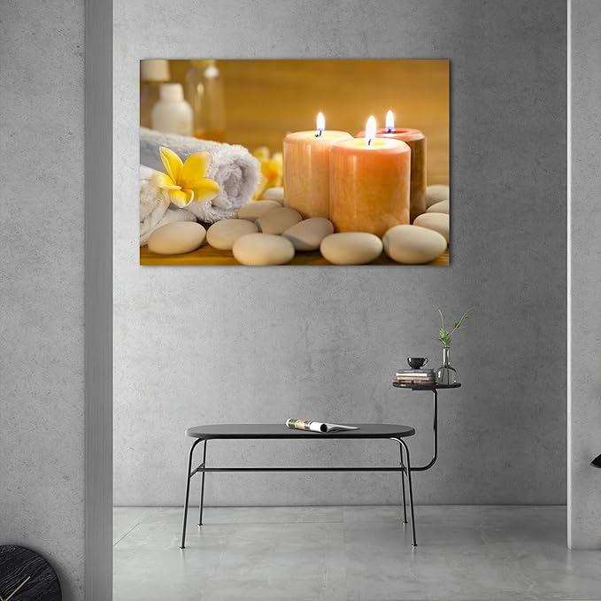 Zen Wall Art Decor, Modern Bathroom Zen Decor Wall Art, Large Zen Relaxing Canvas Wall Art for Spa Room Decor, Pebble and Lighted Candles Zen Canvas Prints for Office & Spa Wall Decor 28x40 Inches