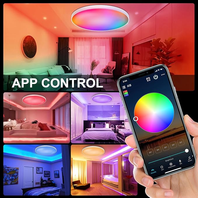 Smart Ceiling Light 30W, 12IN RGBWW LED Panel Light with App & Remote Control, 16M Colors & White (2700K-6500K), Music Sync, Works with Alexa & Google Assistant, for Bedroom, Kitchen, Living Room