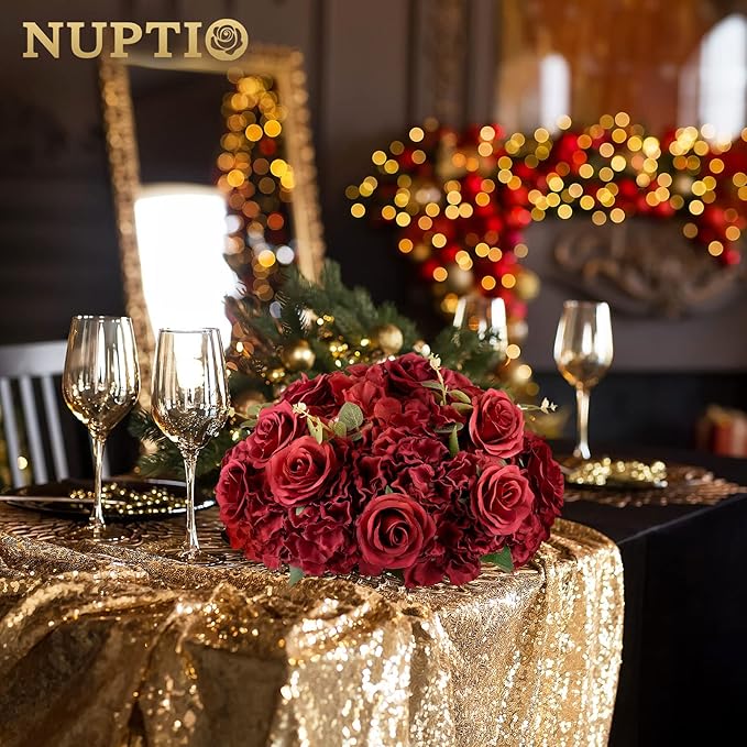 NUPTIO Flower Balls for Wedding Centrepieces - 10 Pcs 15.7 inch Diam Large Burgundy Artificial Flowers Roses Ball Fake Flower Arrangement Bouquet Faux Rose for Wedding Party Centrepiece Decorations