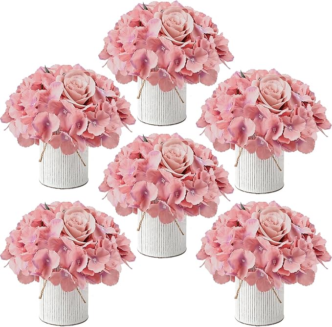 Flower Table Centerpieces - Set of 6 Floral Arrangement Artificial Wedding Hydrangeas Floral Arrangement with Rustic Metal Vase for Bridal Tea Party Event Decorations - Deep Pink
