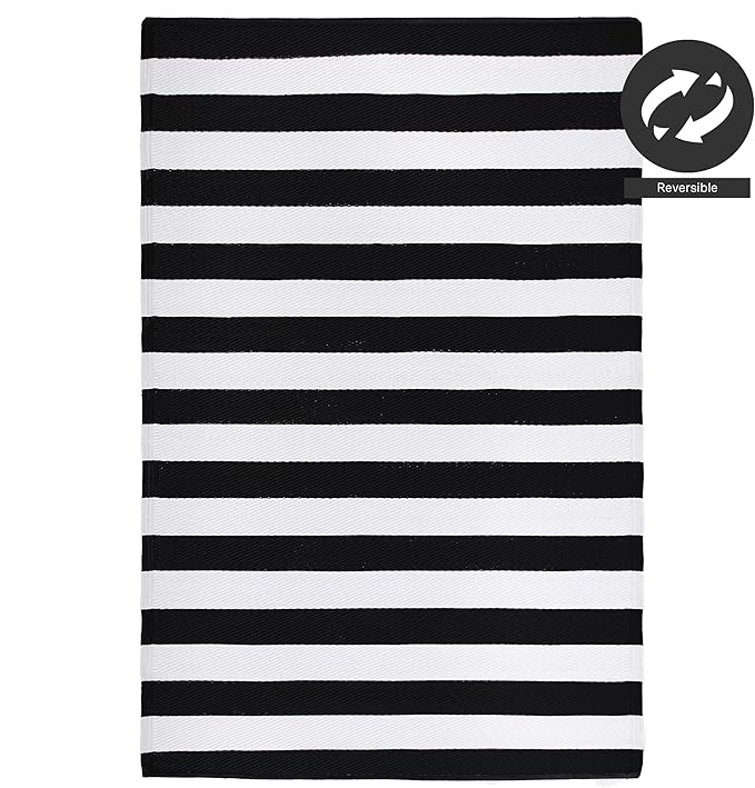 FH Home Outdoor Rug - Waterproof, Fade Resistant, Reversible - Premium Recycled Plastic - Striped - Porch, Deck, Balcony, Mudroom, Laundry Room, Patio - Brittany - Black & White Crease Free - 3 x 5 ft