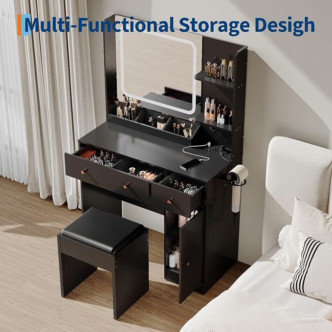 Vanity Desk with Mirror and Lights,Power Outlet,Makeup Vanity Table Set with Storage Drawers Shelves Cabinet& Chair,3 Lighting Modes & Adjustable Brightness,Dressing Table for Bedroom