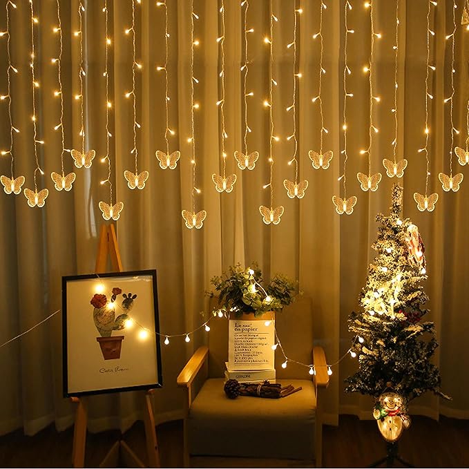 Butterfly Curtain Fairy Light, 8 Modes 120 LED USB Window Firefly Twinkle Timer String Lights 24 Butterflies with Remote, Waterproof Copper Wire for Room Bedroom Christmas Wedding Party Dorm Patio