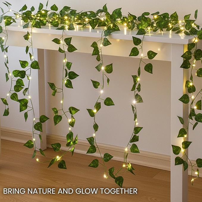 Pothos Green Vine Garland with 40 LED Fairy Lights – Modern Wall Greenery Decor with Remote, 8 Modes & Timer, USB or Battery Powered for Apartment & Indoor Spaces