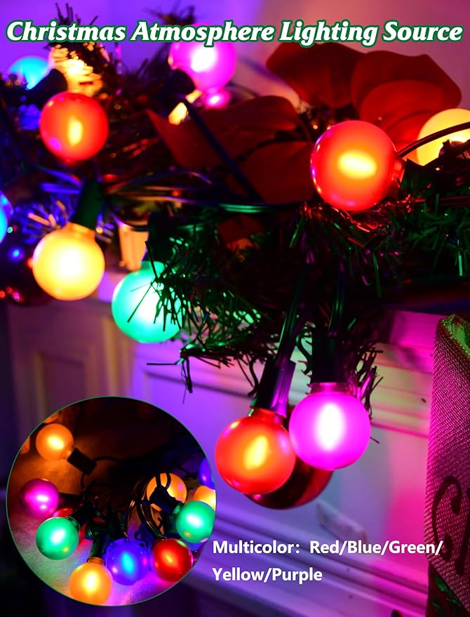 SUNSGNE 25FT LED Colored Christmas Lights with 25 G40 LED Shatterproof Frosted Multicolor Globe Bulbs, Waterproof Colorful Christmas String Lights for Patio Backyard Porch Balcony Gazebo Party Decor