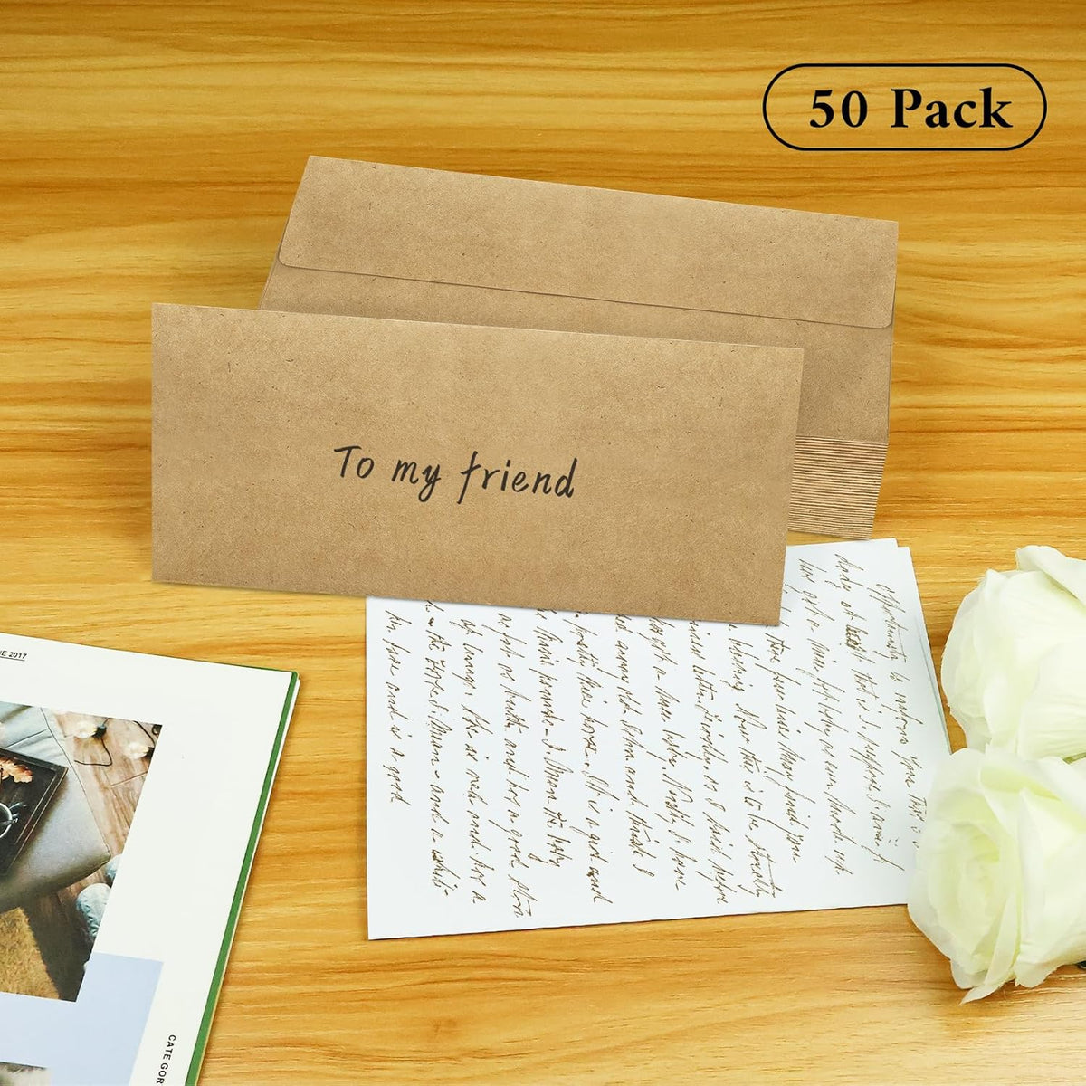 50 Pack #10 Business Envelopes, Brown Kraft Standard Envelopes Self Seal, Letter Size Mailing Envelopes for Checks Letters Invoices Christmas Birthday Graduation Wedding, 4 1/8 x 9 1/2 Inch