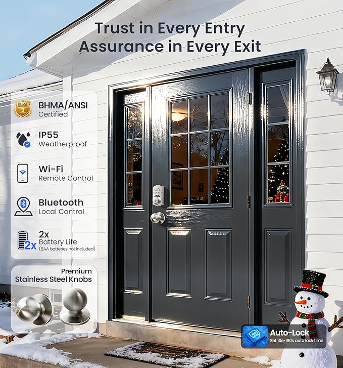 Veise VE012W-K Built-in WiFi Fingerprint Smart Lock with 2 Knobs, No Hub Needed, Remote APP Control, Keyless Entry Door Lock, Smart Deadbolt for Front Door, Auto Locking, Satin Nickel