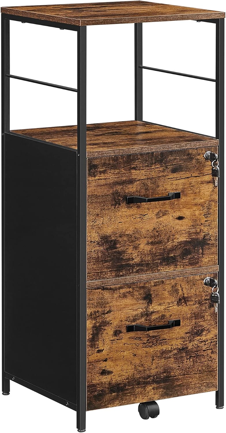 VASAGLE File Cabinet for Home Office, 2-Drawer Filing Cabinet with Lock, Open Shelf, Printer Stand, for A4 and Letter Sized Files, Adjustable Feet, Industrial, Rustic Brown and Ink Black UOFC045B01