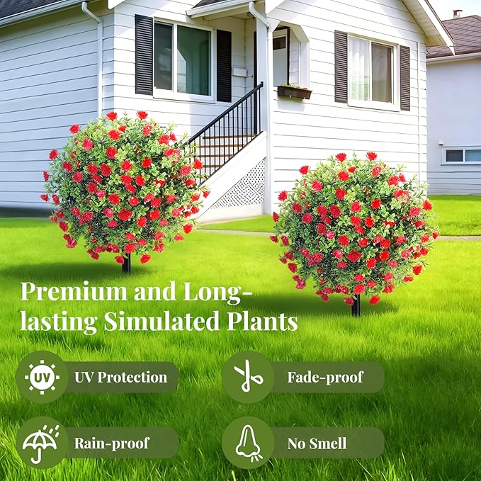 Lewondr Artificial Red Flowers Boxwood Topiary Ball with LED Lights,23.6'' Artificial Shrub Bushes with Ground Spike,UV Resistant Faux Greenery Shrubs,Fake Plants for Indoor Outdoor Garden Patio Decor