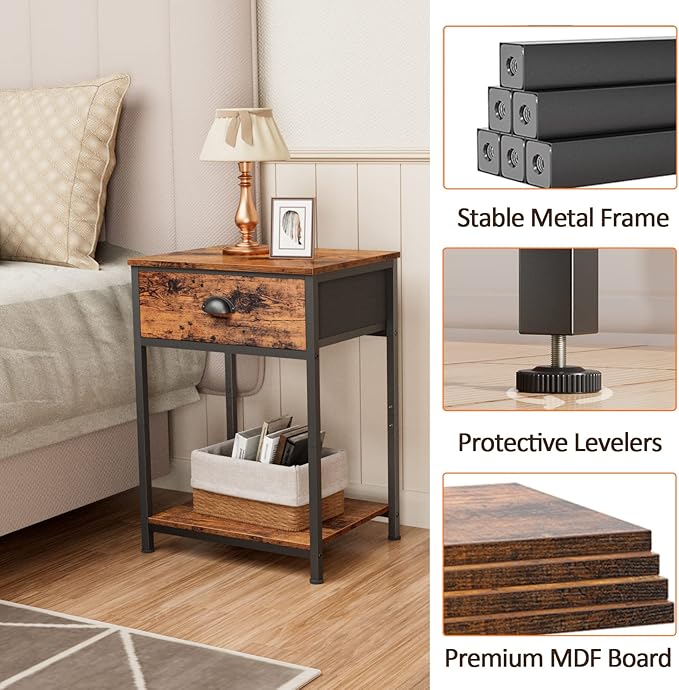 Furologee End Table with Storage Shelf and Fabric Drawer, 2 Tiers Industrial Nightstand, Bedside Table Organizer for Living Room Bedroom, Rustic Brown, Easy Assembly