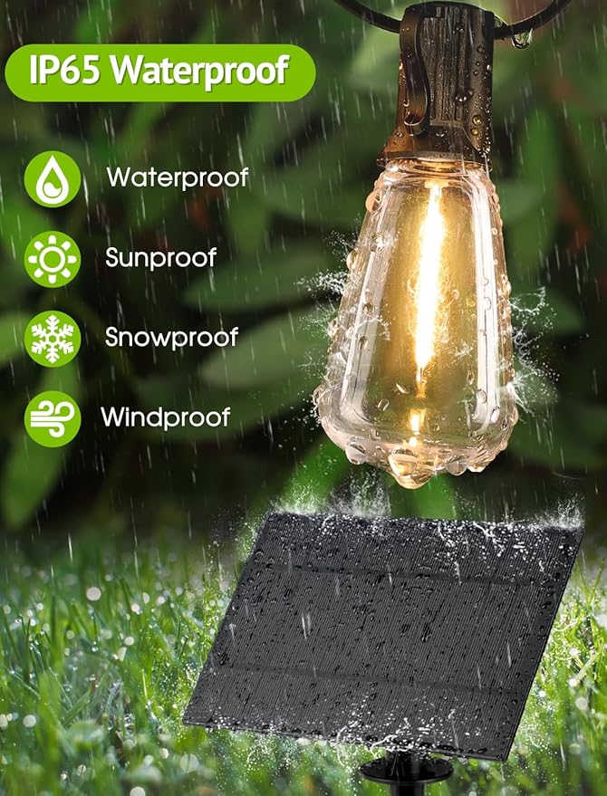 96FT(2x48FT) Solar Outdoor String Lights with Remote & Timer, Dimmable Patio Lights with 30+2 Shatterproof ST38 LED Bulbs for Outside-Black