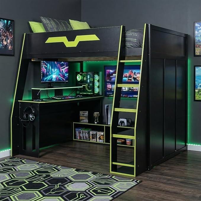 LUMISOL Full Size Wood Loft Bed with Desk and Multi-Storage Shelves, Gaming Loft Bed with RGB LED Lights and Adjustable Desk Placement, Space-Saving Game Bedframe with Under-Bed Storage, Green