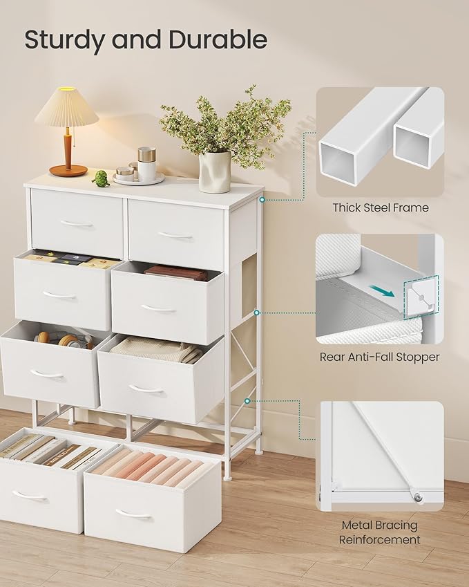 SONGMICS Dresser for Bedroom, Chest of Drawers, Steel, MDF, 8 Non-Woven Fabric Drawers, Storage Organizer Unit, Closet, Entryway, Cloud White and Snow White ULGS124W01S