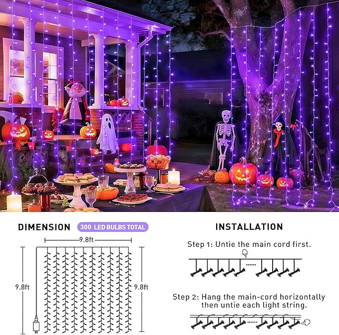 JMEXSUSS 300LED Purple Christmas Lights with Remote, Curtain Hanging Light Plug in, 8 Modes Purple String Lights for Bedroom Window Wall Party Backdrop Halloween Christmas Carnival Decorations