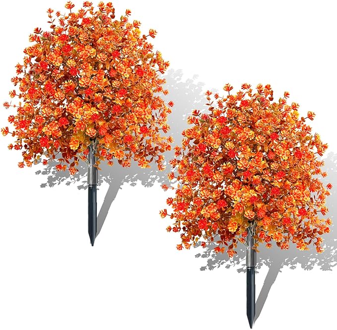 2 Pack Artificial Boxwood Topiary Ball Trees with Fall Flowers & Ground Spikes for Outdoor, UV Resistant Artificial Shrubs Faux Plants Fake Bushes Look Real for Garden Porch Yard Patio
