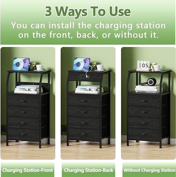 Furnulem Night Stand with Charging Station, 4 Drawer Dresser with Storage Shelf, 33.3 Inch Tall Side Table, Fabric End Table for Closet, Entryway, Bedside Furniture, 3 Ways to Use, Black Oak