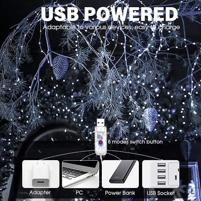 Fairy Lights 66ft 200 LED USB Twinkle String Lights Plug in Copper Wire Lights with Remote and Timer 8 Modes Outdoor Waterproof Starry Lights DIY Party Wedding Christmas Decoration(Cool White)