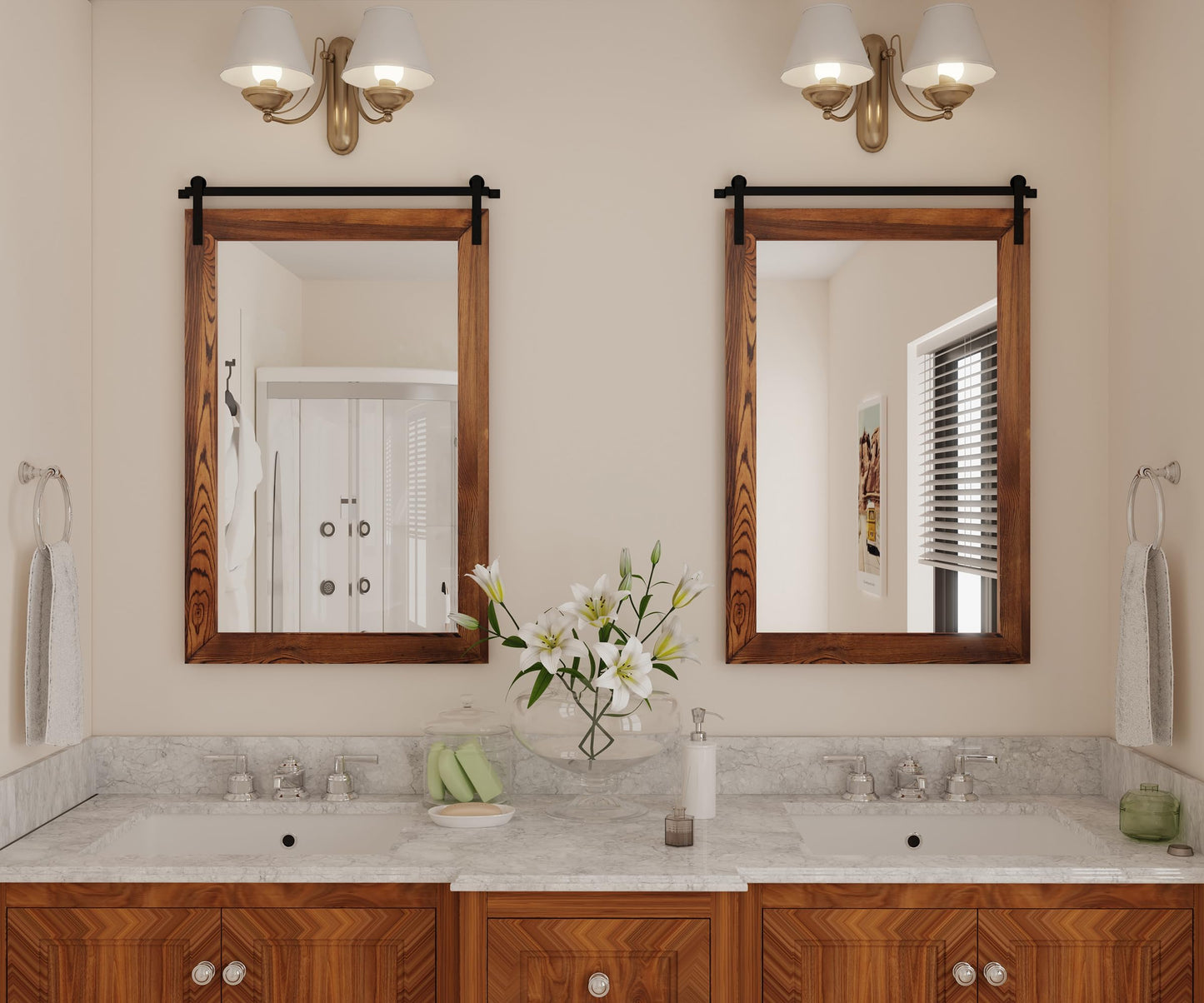 COGOOD Farmhouse Barn Door Wall Mirror - 25" X 38" Rustic Wood Framed Mirror for Bathroom, Living Room, Entryway Wall Decorative (Brown)