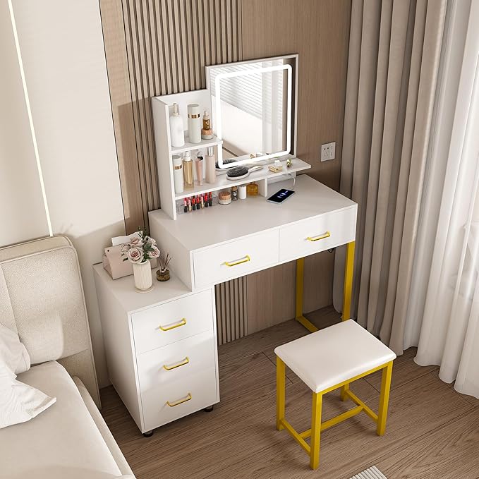 Makeup Vanity Desk with Mirror and Lights, Makeup Vanity Set with 5 Drawers, Upholstered Vanity Stool, Dressing Table for Bedroom, White and Yellow
