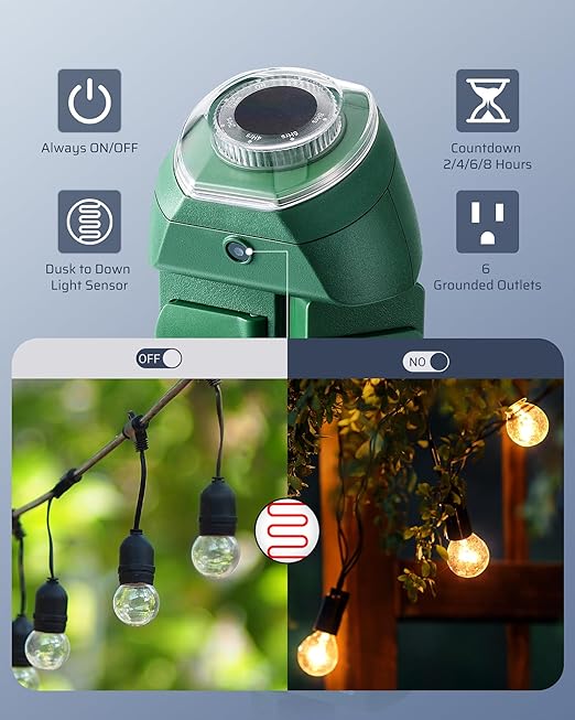 DEWENWILS Outdoor Power Strip Timer with Photocell, Weatherproof Countdown Light Control, 6 Outlets 10ft Cord Dusk to Dawn Outdoor Timer for Lights, Yard, 1875W/15A UL Listed