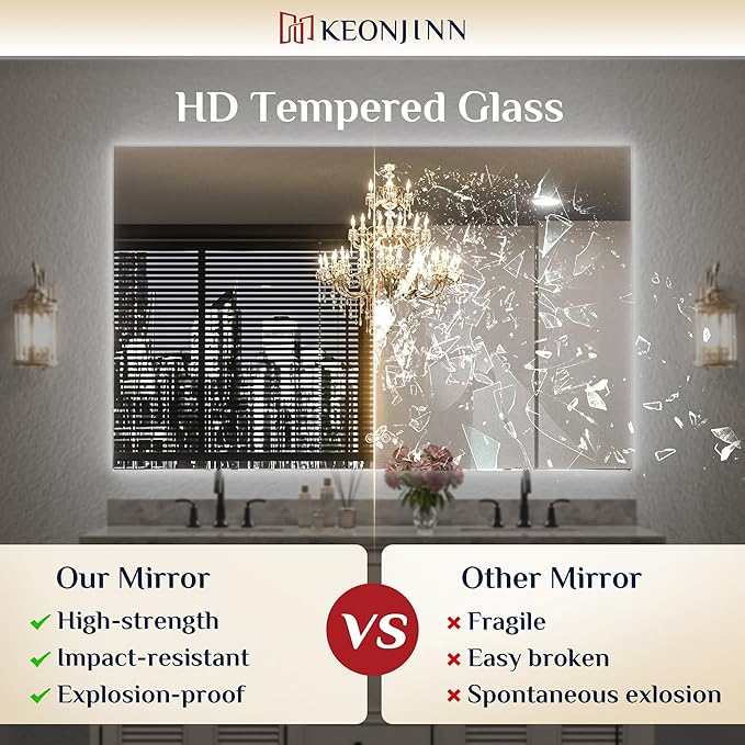Keonjinn LED Bathroom Mirror with Lights 36 x 36 Inch, Backlit Vanity Mirrors for Wall, Stepless Dimmable, Anti Fog, Waterproof, CR90+ Tempered Glass, Memory Founction, High Lumen