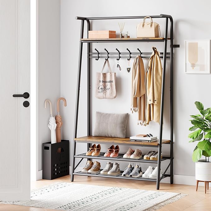 Coat Rack, Floorstanding Hall Tree with Shoe Rack, Wooden and Metal Coat Stand, Industrial Clothes Rack, for Hallway, Living Room, Bedroom, 39.4''x14''x72.5'', Rustic Brown