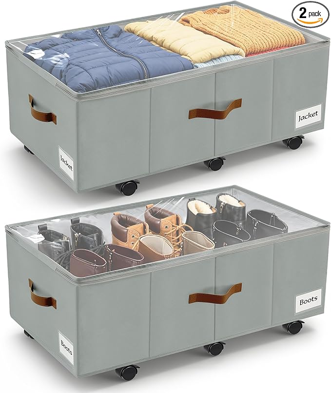 11 inch Under Bed Storage with Wheels, 2-Pack Underbed Storage Containers for College Dorms Bedrooms Organization, Foldable Under Bed Drawers for Comforters, Blankets, Clothes & Shoes, Grey
