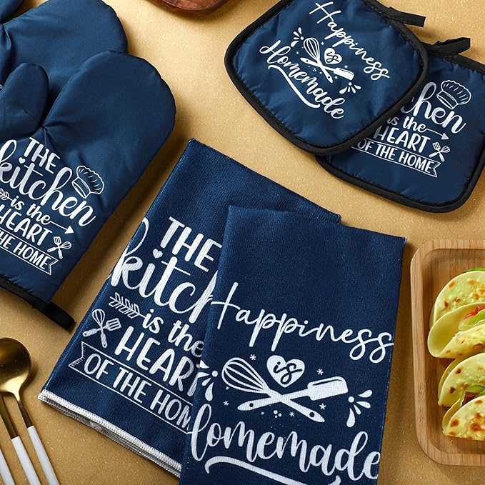 Sratte 6 Pcs Kitchen Decor Accessories Set Farmhouse Towels Pot Holders Oven Mitts Set 2 Dish Towels 2 Potholders 2 Cooking Mittens Oven Glove for Christmas Baking Cooking Supply(Blue,Kitchen)