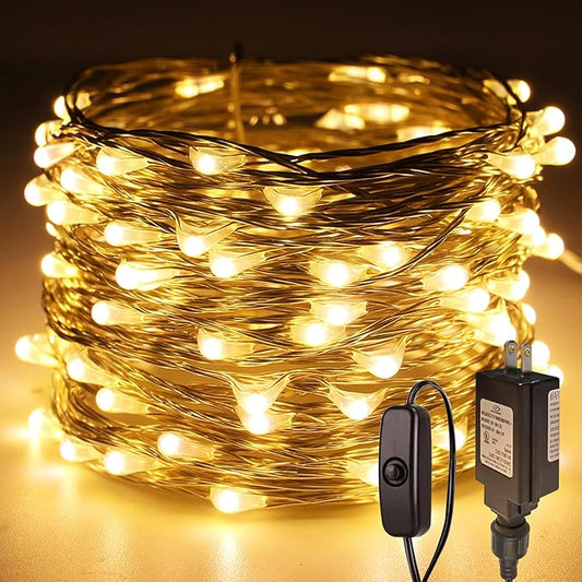 RUICHEN Plug in Fairy Lights with Switch, Waterproof 33 Ft 100 LED Silver Wire Starry String Firefly Lights for Christmas, Easter, Thanksgiving, Parties, Wedding, Vases, Craft, Warm White
