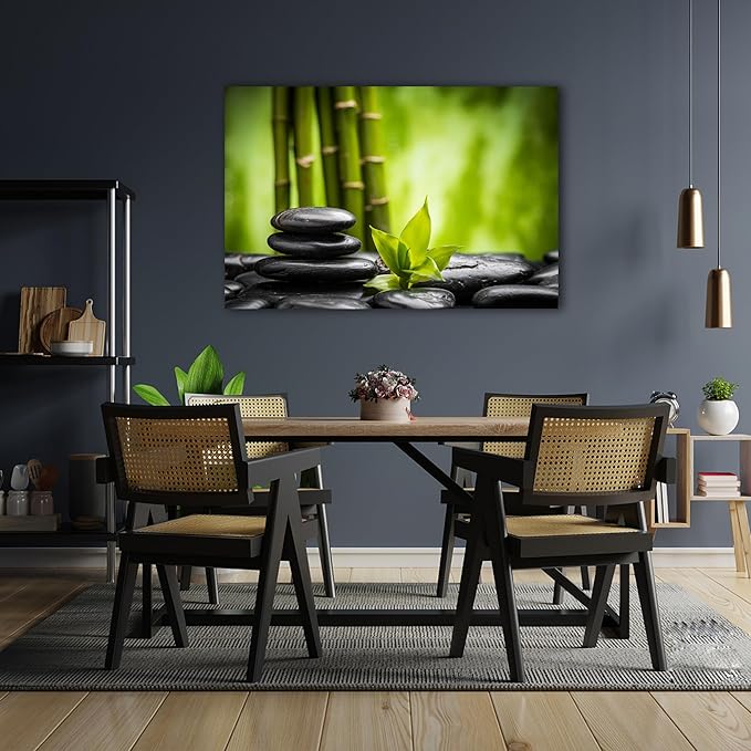 GUTTATY Zen Wall Art Decor, Modern Bathroom Zen Decor Wall Art, Relaxing Canvas Wall Art for Spa Zen Room Decor, Green Bamboo Forest and Pebble Art Prints for Office & Spa Wall Decor 28x40 Inches