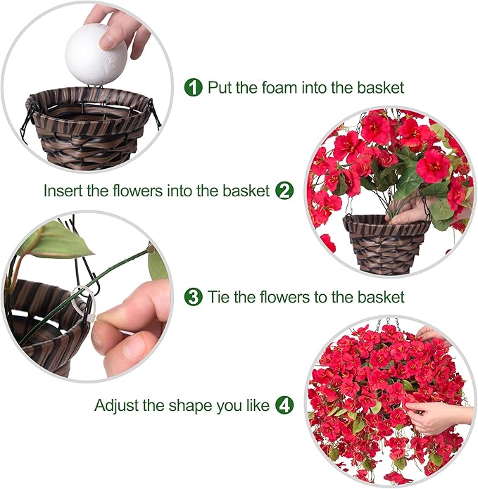Artificial Fake Hanging Hibiscus Flowers Plants Baskets for Outdoor Decor, Faux Silk Hibiscus Long Vines in Planter UV Resistant Realistic Flowers for Outside Porch Patio Home Decoration, Red