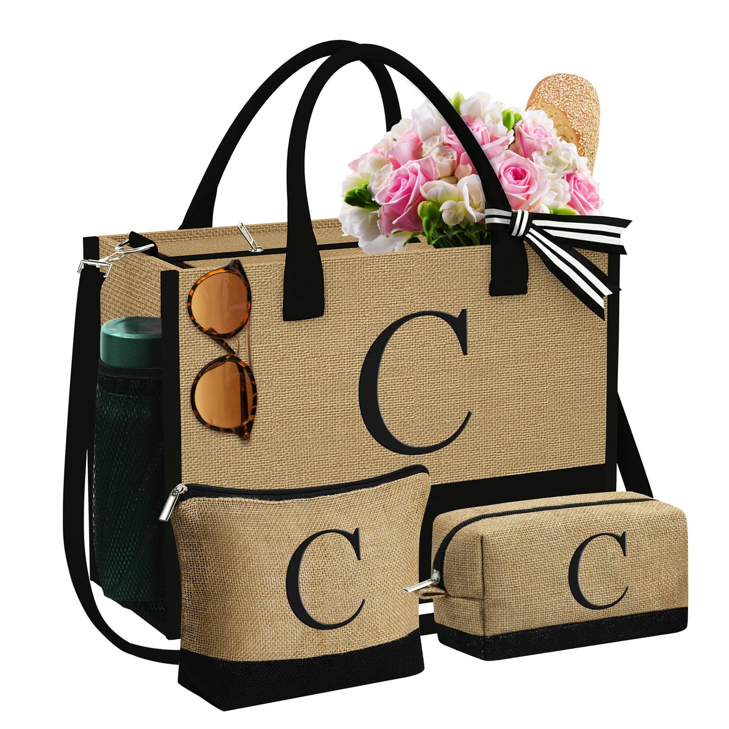 YOOLIFE Birthday Gifts for Mom, Thank You Gift for Women Monogram Letter Beach Bags for Women Personalized 21st 30th 40th 50th 60th Birthday Gifts for Her Female Mom Gift Basket Letter C