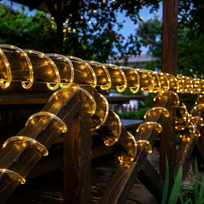 Solar Rope Lights, 33ft 100LED Solar String Lights, 8 Modes Waterproof Solar Powered Outdoor Light, Flexible Clear Tube Light for Garden, Backyard, Patio, Deck, Porch, Pool,Tree Decoration- Warm White