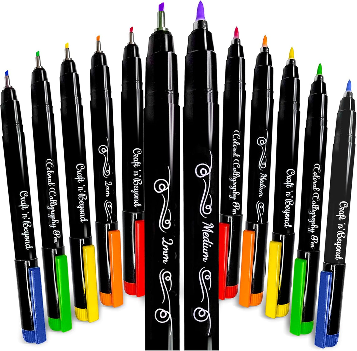 Craft 'n' Beyond Colored Calligraphy Brush Pens Waterproof Pack of 12 Markers for Hand Lettering, Art Drawing, Sketching, Scrapbooking, Journaling - Beginner Kit with Fadeproof Ink