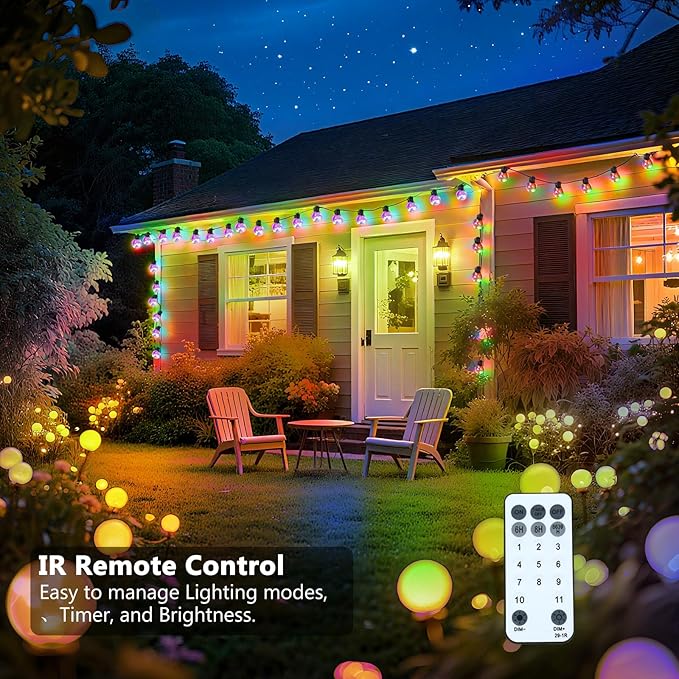 Outdoor String Lights Plug in, 25ft 20 LED Bulbs Hanging Patio Lights Dimmable with Timer & Remote, Globe Bulb Shatterproof & Waterproof for Indoor Backyard Balcony Decor - Warm White & Multi