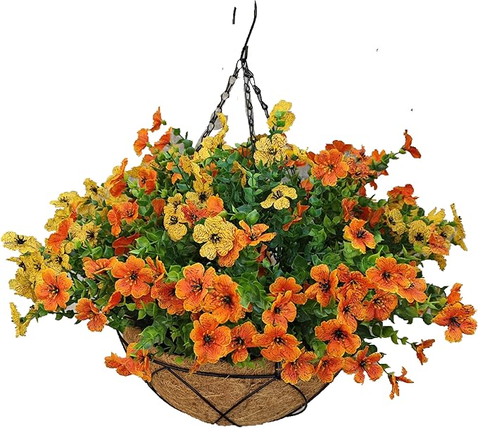 Artificial Faux Hanging Plants Flowers Basket for Summer Autumn, Colorful Daisy Flowers Eucalyptus UV Resistant Look Real for Outdoor Outside Porch Decoration