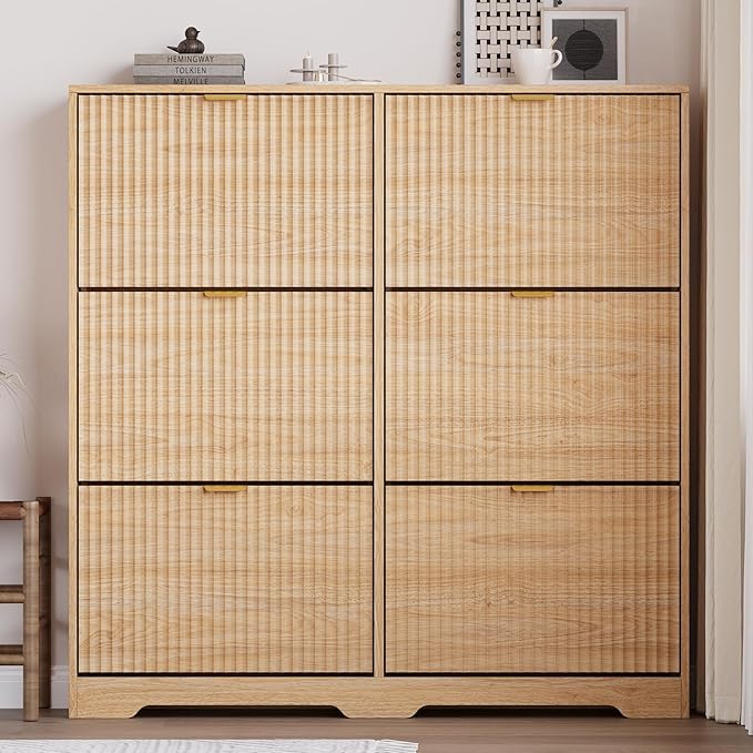 Large Shoe Cabinet for Entryway, Tall Narrow Shoe Storage Cabinet with 6 Flip Drawers and Adjustable Shelves, Shoe Rack Cabinet Organizer for Hallway, Foyer, Small Apartment