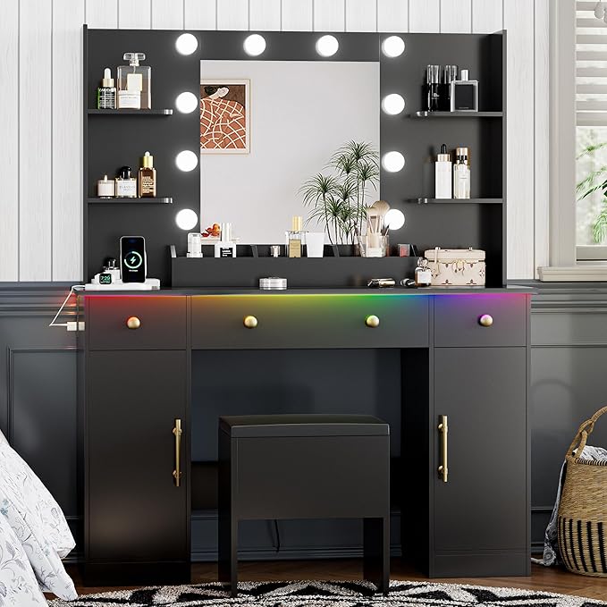 Vanity Desk with Mirror and Lights, 43'' Black Makeup Dressing Table Set with 5 Drawers & Chair, Power Outlet, 3 Lighting Modes Adjustable Brightness & RGB LED for Women Girls Bedroom Bathroom